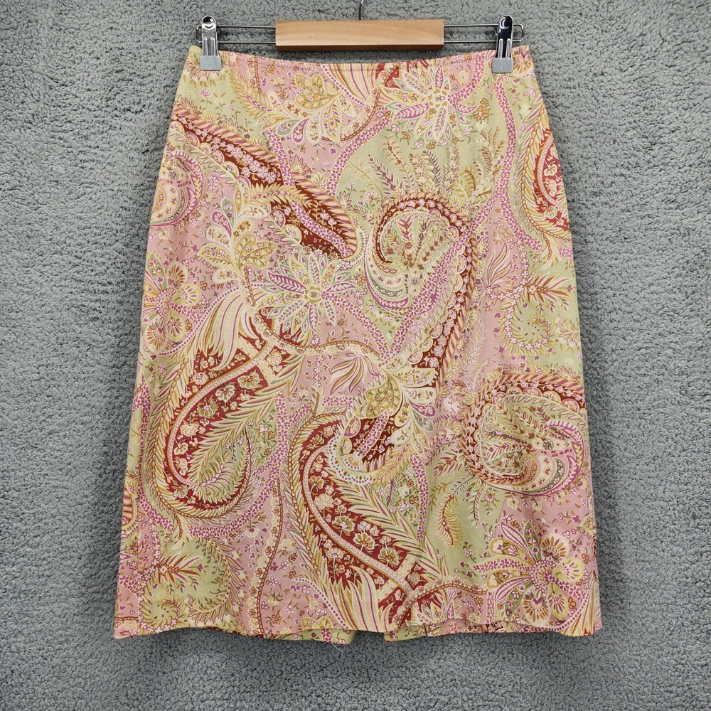 Company Ellen Tracy Pink‎ Green Paisley Cotton Blend Pencil Skirt Size 6